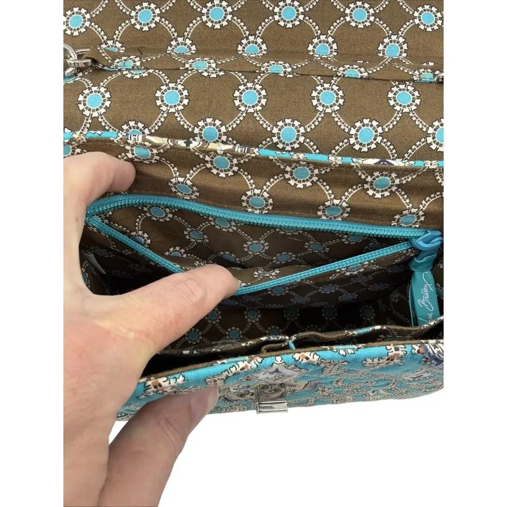 Vera Bradley Julia Turn Lock Satchel Crossbody Turquoise Brown Medallion
